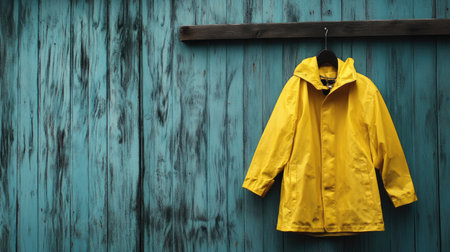 A yellow raincoat hanging on a wooden hook, ready for a rainy day adventureの素材
