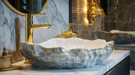 A luxurious bathroom with a stone basin sink, gold fixtures, and elegant decorの素材