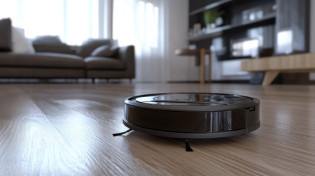 A robotic vacuum cleaner returning to its docking station after cleaningの素材