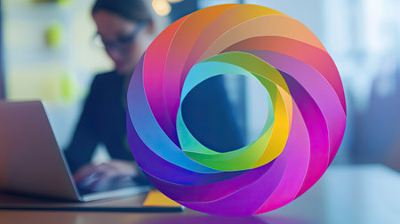 A vibrant circle graph displayed on a tablet with a businessperson working in the backgroundの素材