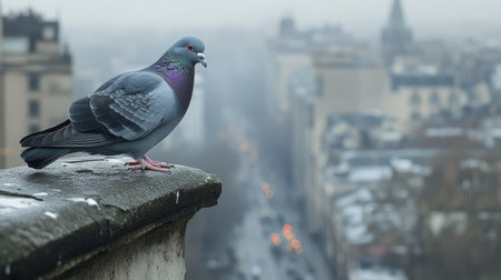 A grey pigeon perched on a stone ledge in an urban environment, watching the bustling city belowの素材