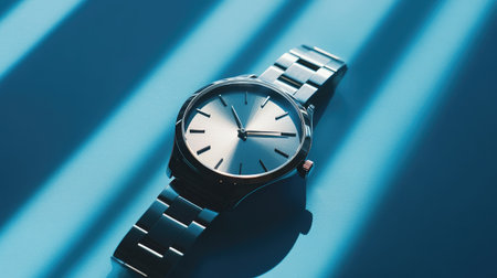 Minimalist blue background with a sleek silver watch, placed neatly and casting a subtle shadowの素材