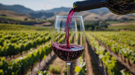 A close-up of red wine being poured into a glass with a vineyard in the backgroundの素材