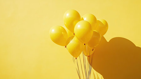 Clean yellow background featuring a bunch of yellow balloons, floating and casting soft shadowsの素材