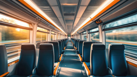 Interior of an empty high-speed train with clean seats and large windows, no passengersの素材