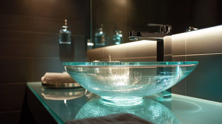 A contemporary bathroom with a glass sink, sleek faucet, and modern lightingの素材