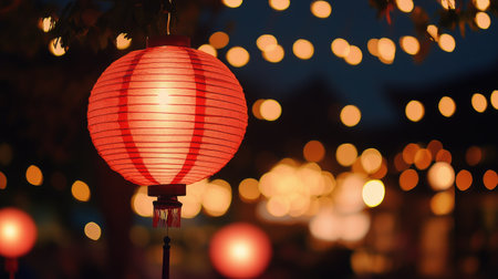 A red paper lantern glowing softly at night during a cultural festivalの素材