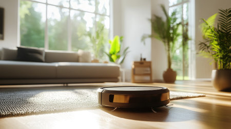 A robotic vacuum cleaner avoiding obstacles in a bright, open living spaceの素材