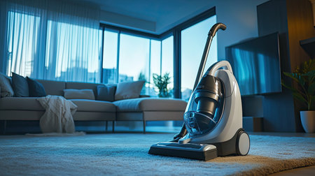 A modern vacuum cleaner standing upright in a cozy living room with a plush carpetの素材