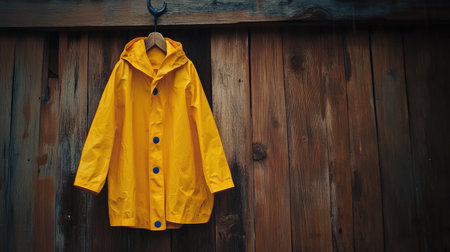 A yellow raincoat hanging on a wooden hook, ready for a rainy day adventureの素材