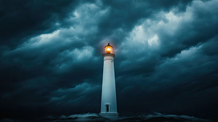 A white lighthouse standing tall against a stormy black sky at duskの素材