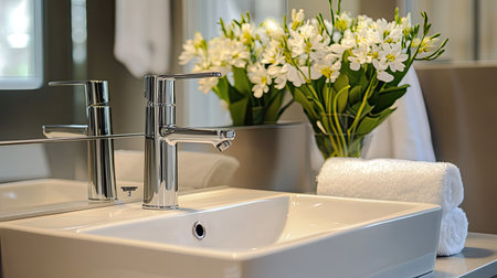 A clean and bright bathroom with a rectangular sink, chrome fixtures, and fresh flowersの素材