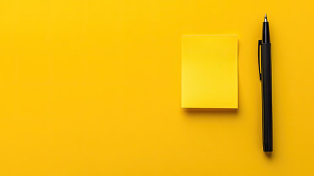 Clean yellow background with a yellow sticky note, with a black pen placed beside itの素材
