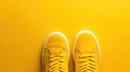 Minimalist yellow background featuring a pair of yellow sneakers, neatly positioned and stylishの素材