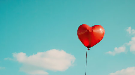 A close-up of a red heart-shaped balloon floating in a blue skyの素材