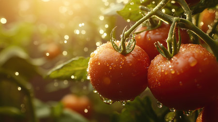 Fresh tomatoes on the vine, with water droplets glistening in natural lightの素材