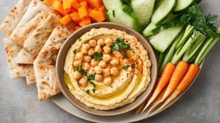 A plate of homemade hummus surrounded by fresh veggie sticks and whole grain pita.の素材