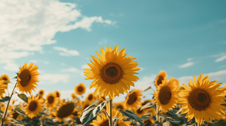 A golden field of sunflowers in full bloom, with a bright blue sky in the backgroundの素材