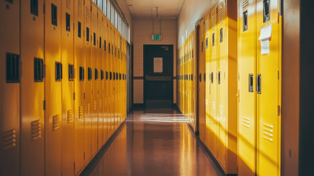 A row of yellow lockers in a school hallway, with one door slightly ajarの素材