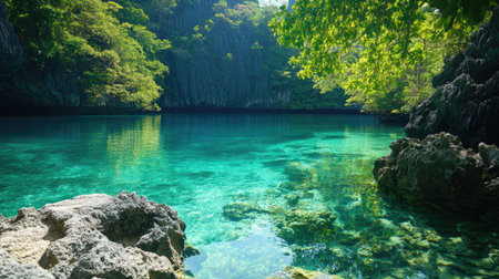 A tranquil green lagoon with crystal-clear water and lush vegetationの素材