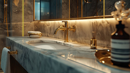 A luxurious bathroom with a marble sink, gold fixtures, and ambient lightingの素材
