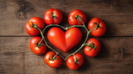 Fresh tomatoes arranged in a heart shape on a wooden backgroundの素材