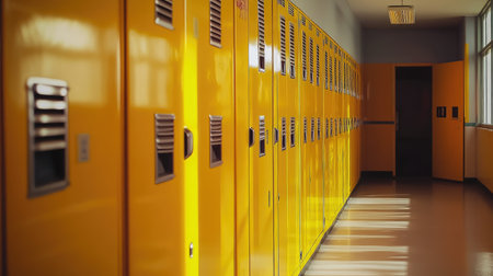 A row of yellow lockers in a school hallway, with one door slightly ajarの素材