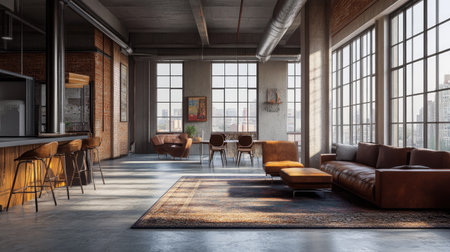 Open-plan loft with industrial design elements, large windows, and minimalist furnitureの素材
