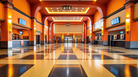 Movie theater with a clean, empty lobby area, concession stands, and ticket boothsの素材