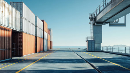 Empty cargo ship deck with large containers stacked neatly, no crew, clear skiesの素材