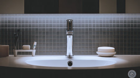 A modern bathroom with a square sink, sleek faucet, and stylish decor itemsの素材