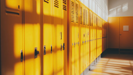 A row of yellow lockers in a school hallway, with one door slightly ajarの素材