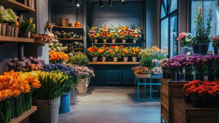 Empty flower shop with colorful bouquets and arrangements on display, well-organized spaceの素材