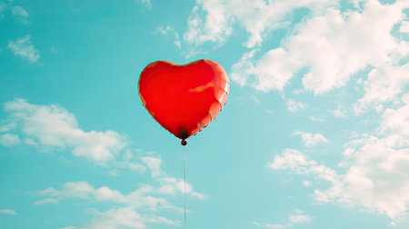A close-up of a red heart-shaped balloon floating in a blue skyの素材