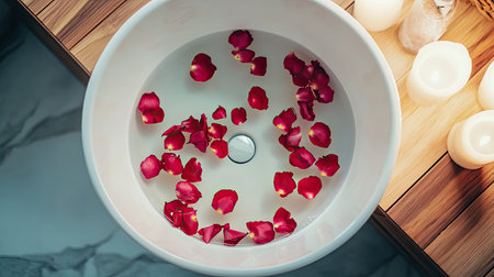 A top-down view of a sink filled with water and floating rose petals in a spa-like bathroomの素材