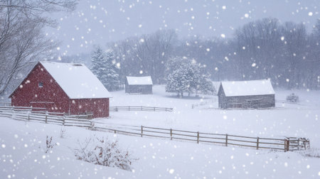 Snow falling on a peaceful farm with snow-covered barns and fieldsの素材