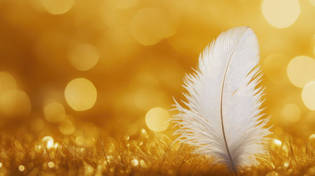 Bright golden background with a single white feather, centered and softly shadowedの素材