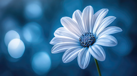 Bright indigo background with a single white flower, centered and softly litの素材