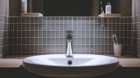 A clean, white pedestal sink with a mirror above and a small shelf with toiletriesの素材