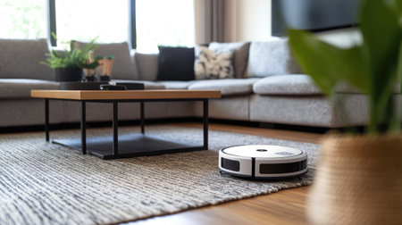 A robotic vacuum cleaner cleaning under a low coffee table in a living roomの素材