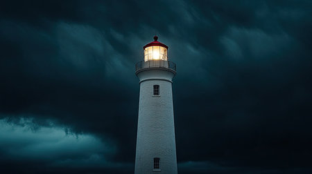 A white lighthouse standing tall against a stormy black sky at duskの素材