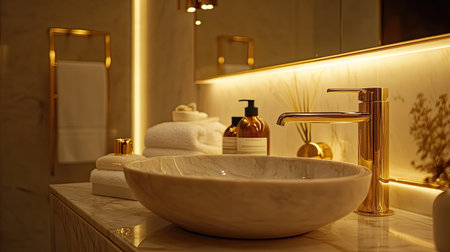 A luxurious bathroom with a marble sink, gold fixtures, and ambient lightingの素材