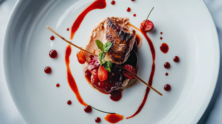 A beautifully plated gourmet dish with red sauce on a white plateの素材