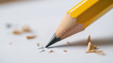 A close-up of a yellow pencil writing on a white sheet of paper, with eraser shavings nearbyの素材