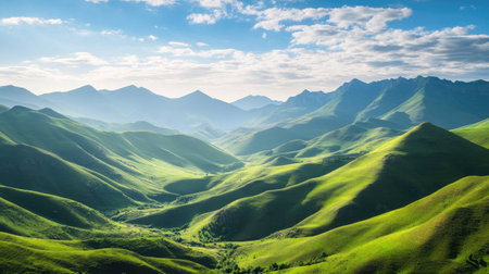 A stunning view of green mountains with a clear blue skyの素材