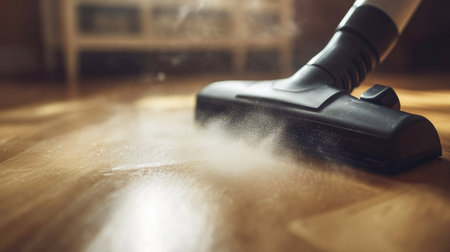 A close-up of a vacuum cleaner's nozzle on a hardwood floor, picking up dustの素材