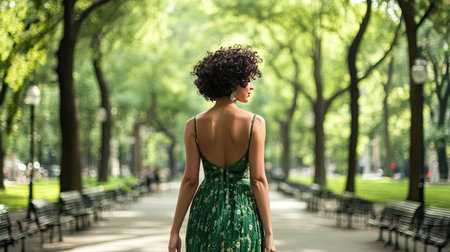 A stylish woman wearing a green dress walking through a city parkの素材