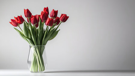 A bouquet of fresh red tulips in a simple glass vase on a white backgroundの素材