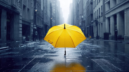 A vibrant yellow umbrella standing out in a rainy city street, surrounded by gray buildingsの素材