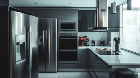 A grey minimalistic kitchen with stainless steel appliances and sleek countertopsの素材